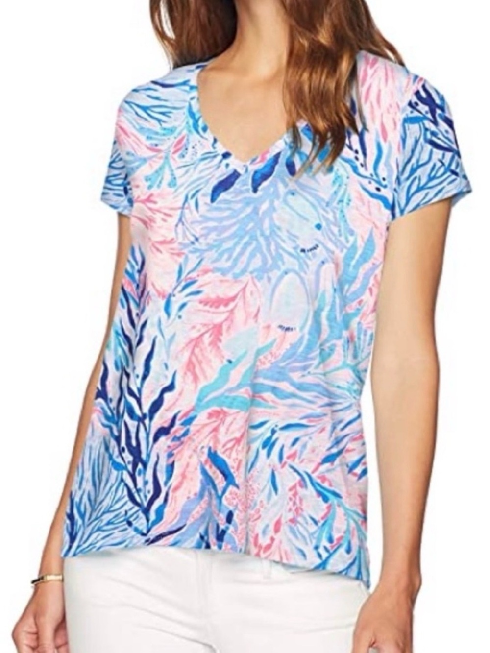 Lilly Pulitzer cotton v-neck tee Kaleidoscope Coral pink blue white size small